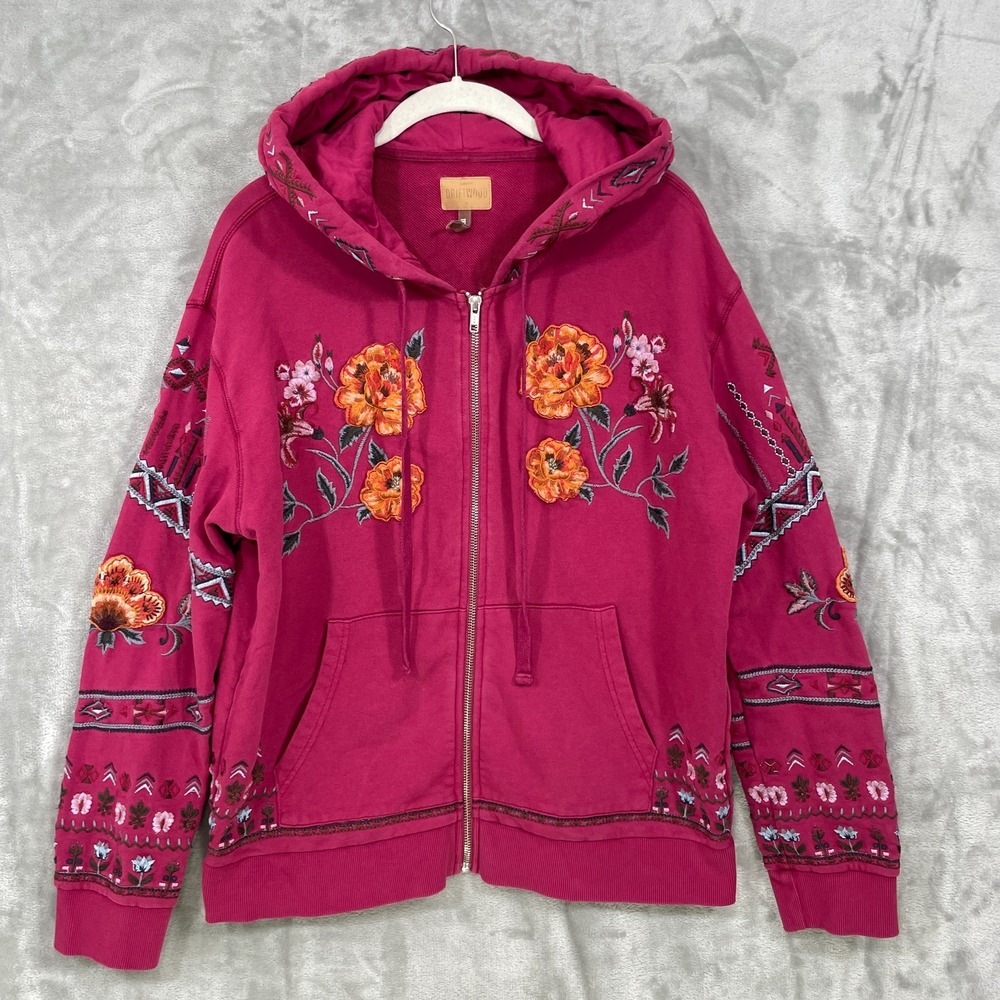 Driftwood Teddy Hoodie Women's XL Full Zip Magenta Boho Embroidered Cottagecore